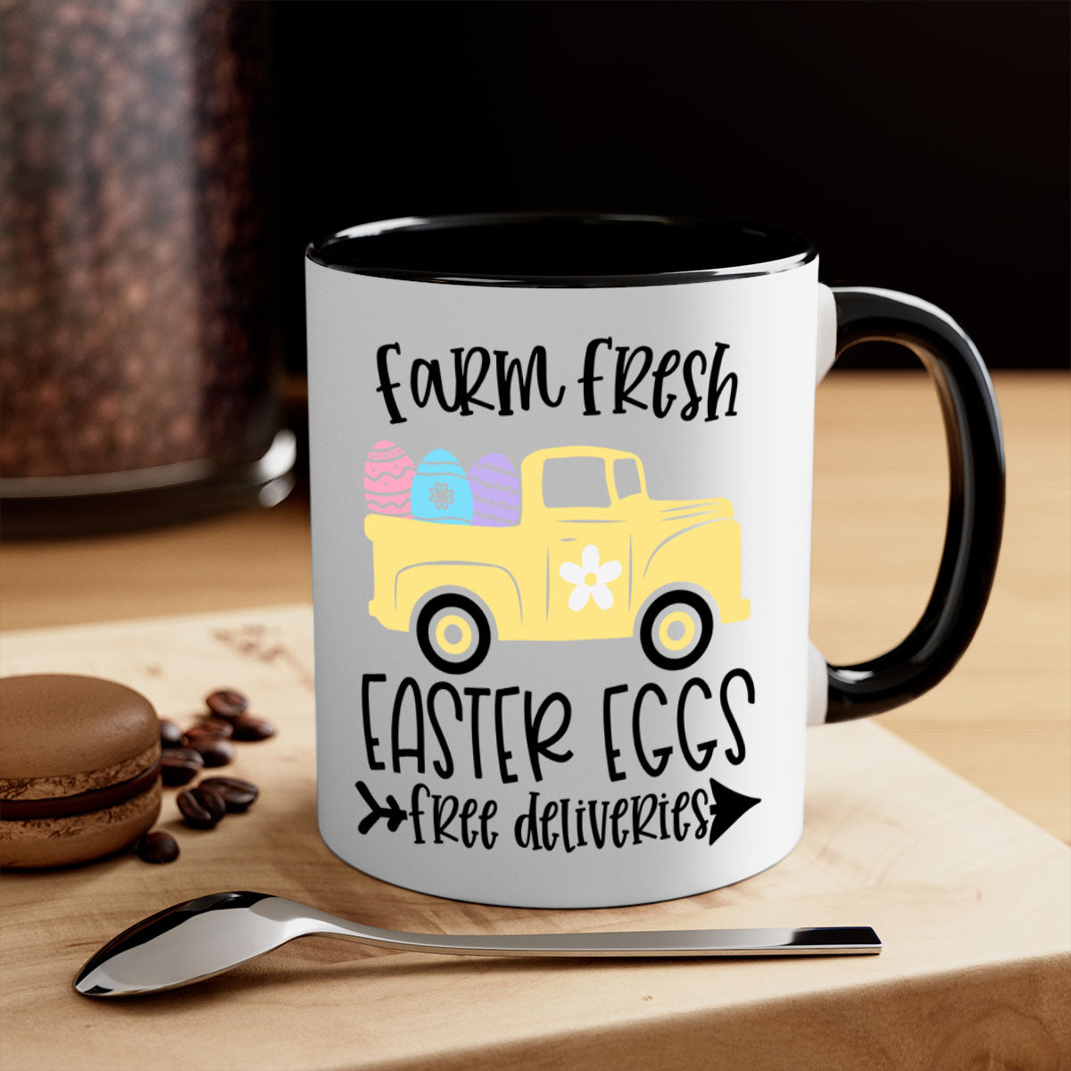 Farm Fresh Easter Eggs Mug with colorful handle and glossy finish, perfect for coffee or tea.