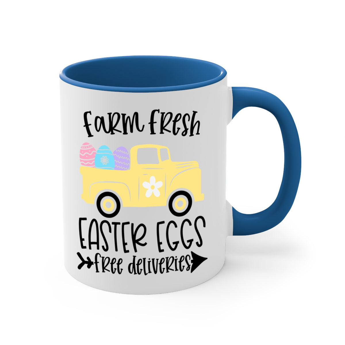 Farm Fresh Easter Eggs Mug with colorful handle and glossy finish, perfect for coffee or tea.