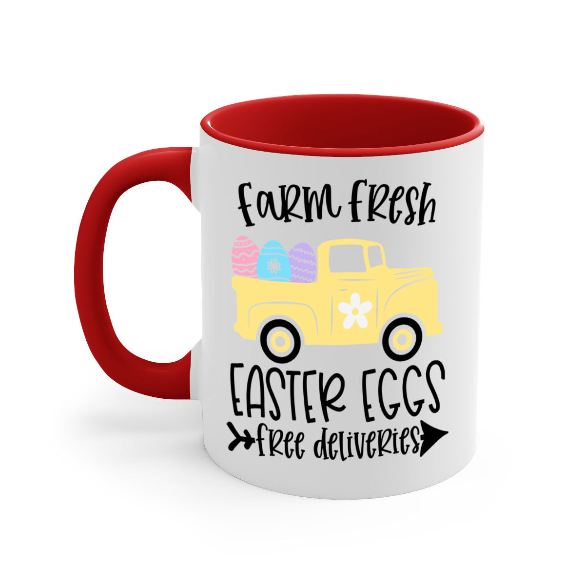 Farm Fresh Easter Eggs Mug with colorful handle and glossy finish, perfect for coffee or tea.