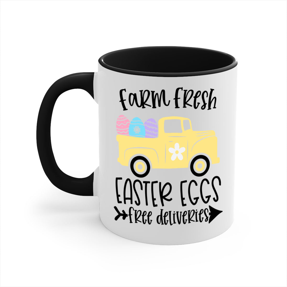 Farm Fresh Easter Eggs Mug with colorful handle and glossy finish, perfect for coffee or tea.