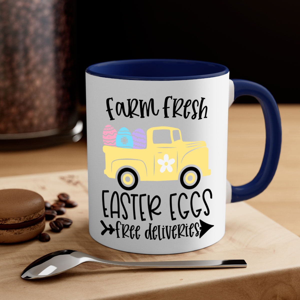 Farm Fresh Easter Eggs Mug with colorful handle and glossy finish, perfect for coffee or tea.