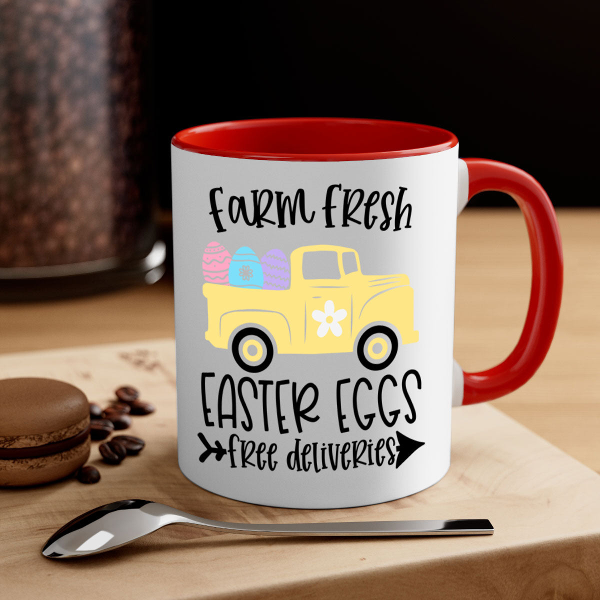 Farm Fresh Easter Eggs Mug with colorful handle and glossy finish, perfect for coffee or tea.