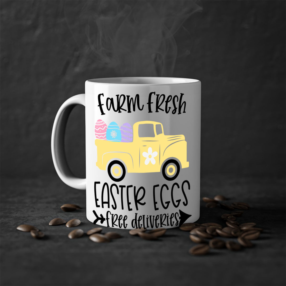 Farm Fresh Easter Eggs Mug with colorful handle and glossy finish, perfect for coffee or tea.