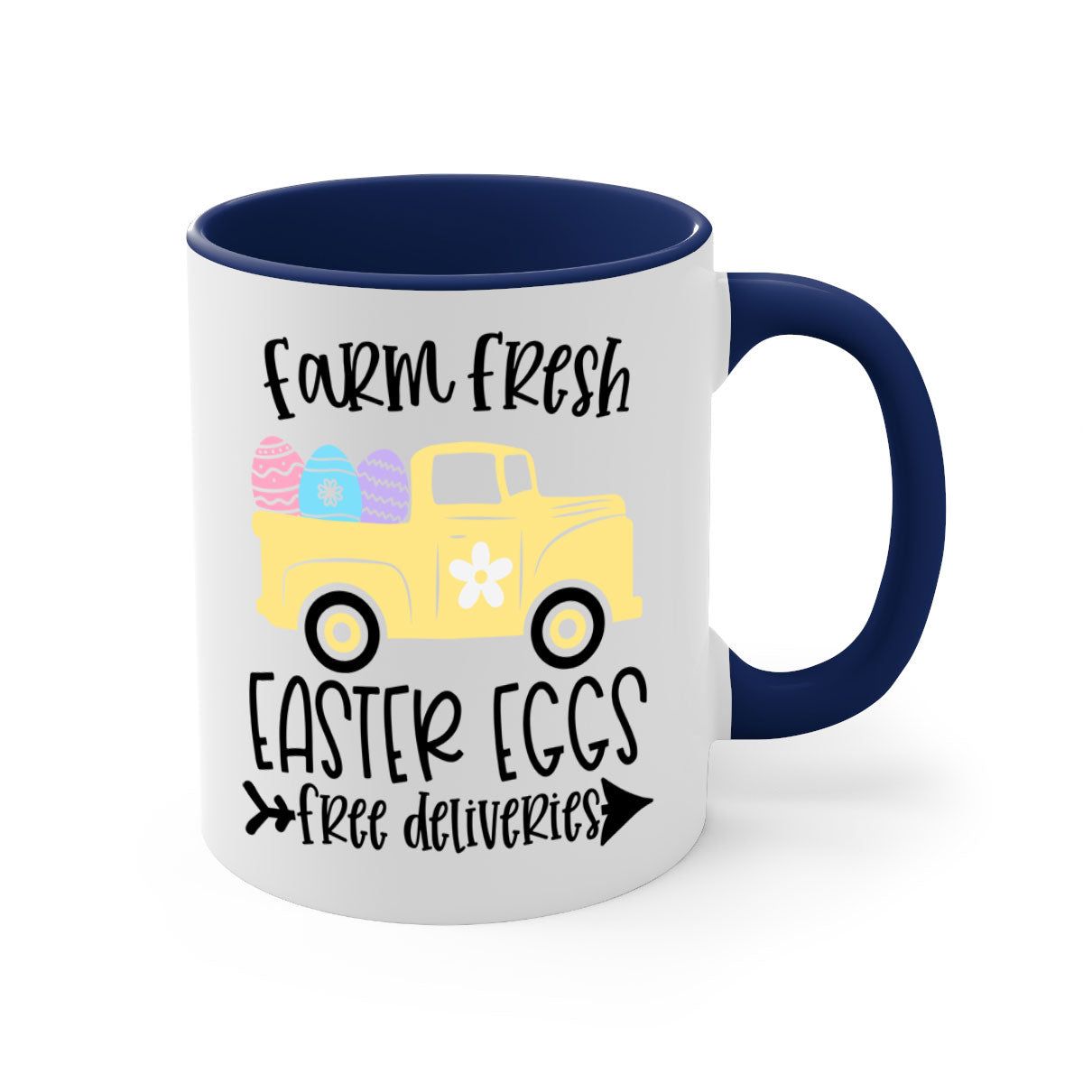 Farm Fresh Easter Eggs Mug with colorful handle and glossy finish, perfect for coffee or tea.