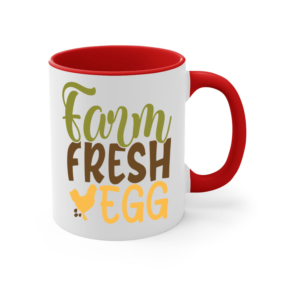 Farm Fresh Egg Mug with a glossy finish, featuring a colored handle and interior, available in multiple colors and sizes.