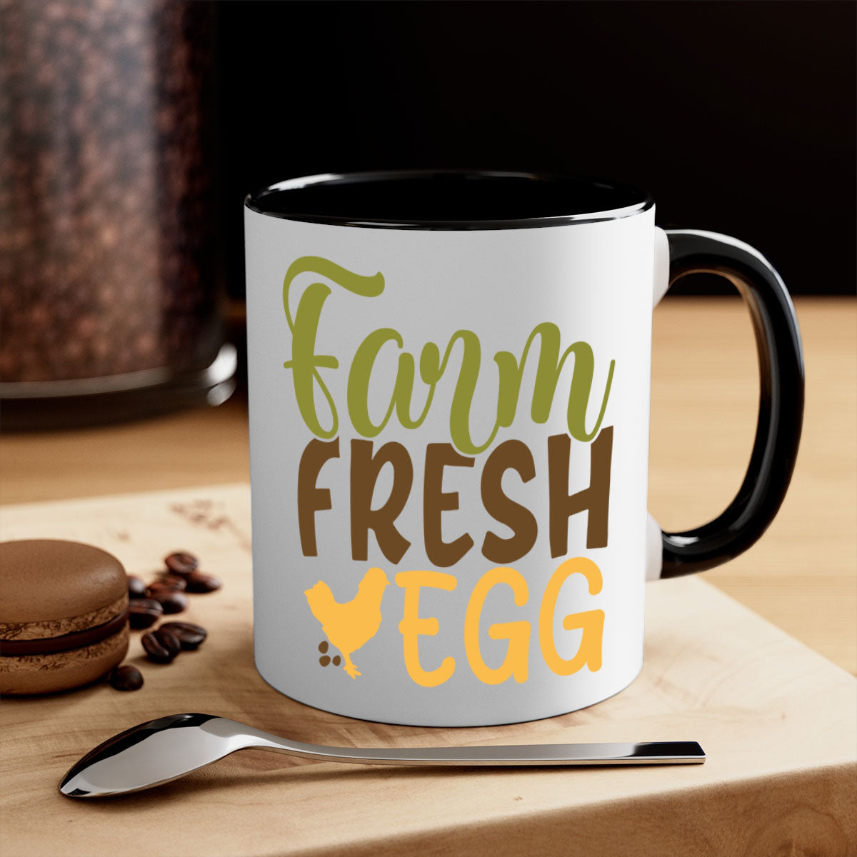 Farm Fresh Egg Mug with a glossy finish, featuring a colored handle and interior, available in multiple colors and sizes.
