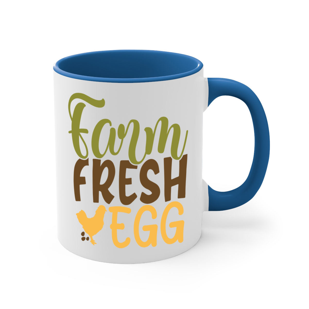 Farm Fresh Egg Mug with a glossy finish, featuring a colored handle and interior, available in multiple colors and sizes.