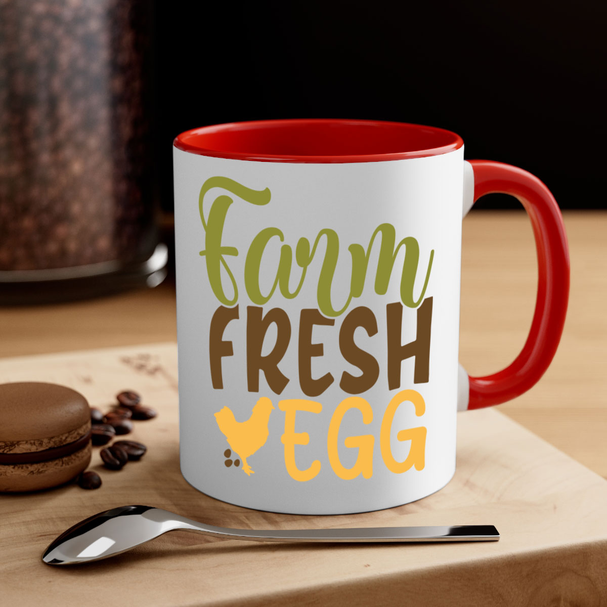 Farm Fresh Egg Mug with a glossy finish, featuring a colored handle and interior, available in multiple colors and sizes.