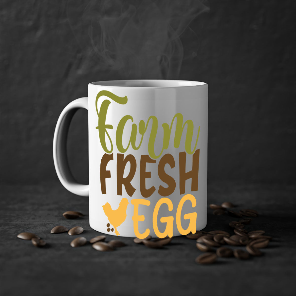 Farm Fresh Egg Mug with a glossy finish, featuring a colored handle and interior, available in multiple colors and sizes.