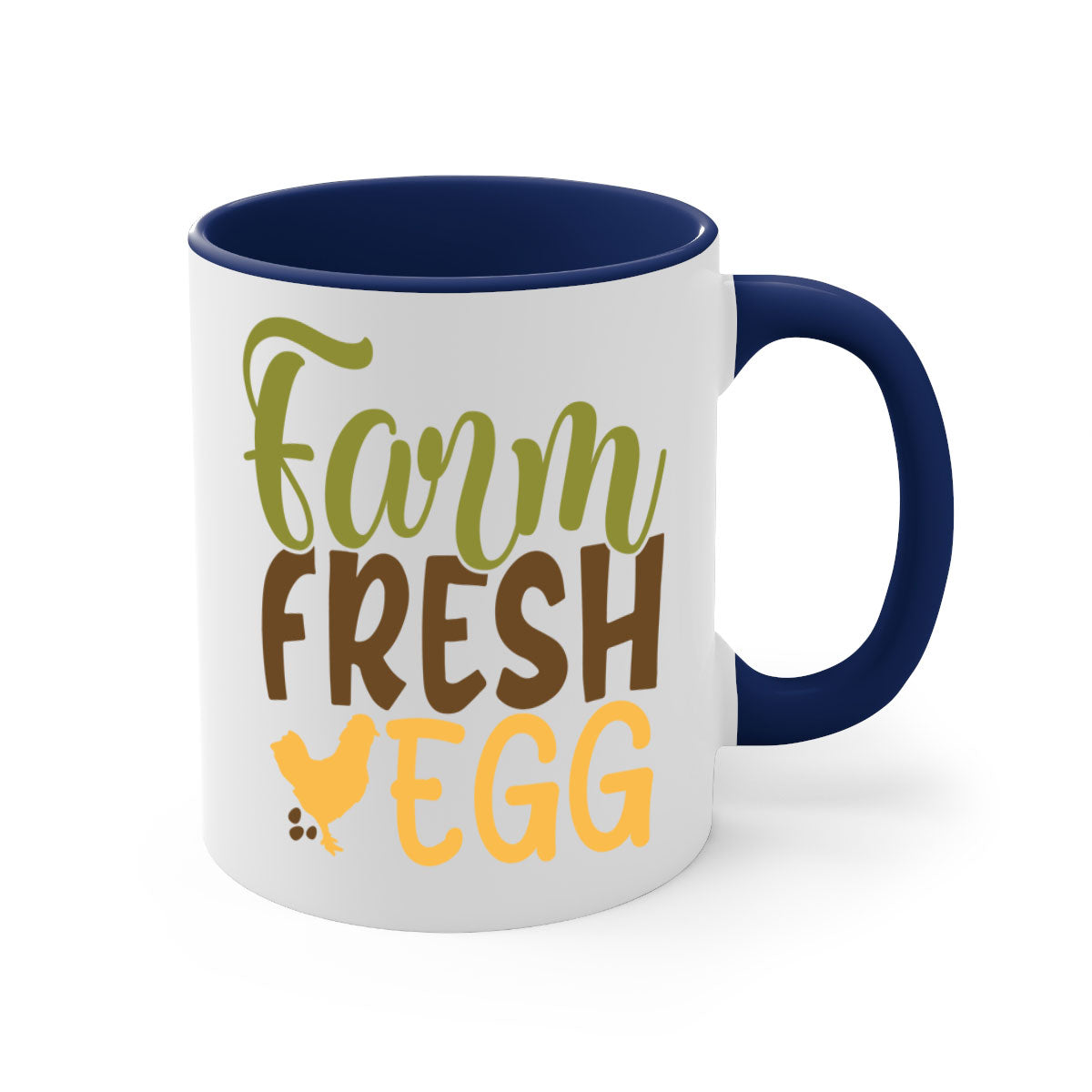 Farm Fresh Egg Mug with a glossy finish, featuring a colored handle and interior, available in multiple colors and sizes.