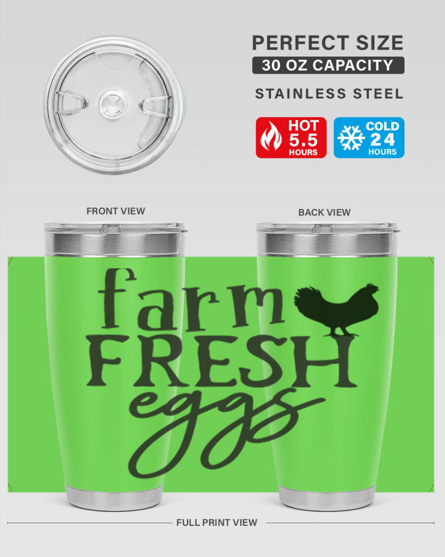 Farm Fresh Eggs 102# Tumbler in stainless steel with a drink-thru lid, showcasing its sleek design and double wall vacuum insulation.