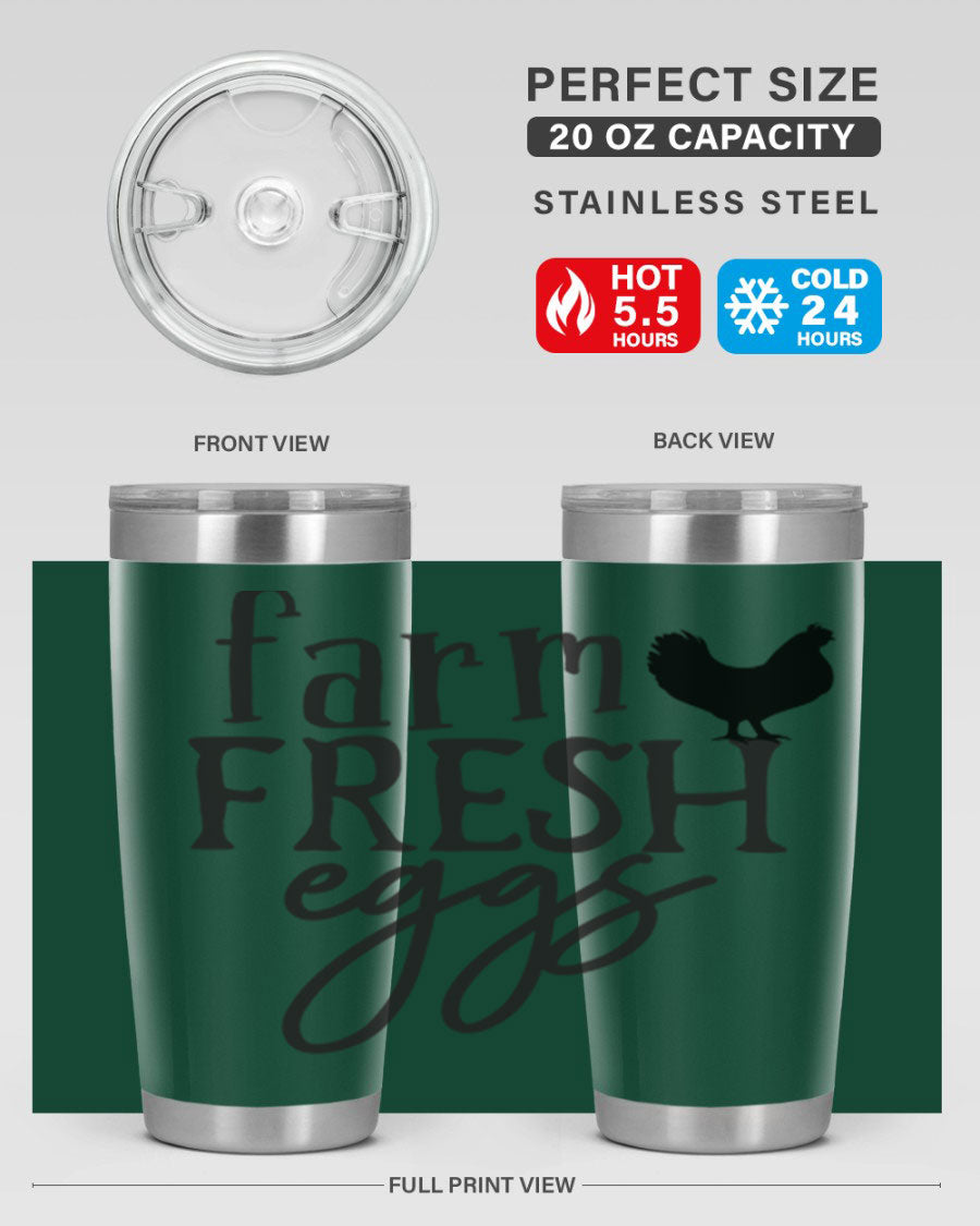 Farm Fresh Eggs 102# Tumbler in stainless steel with a drink-thru lid, showcasing its sleek design and double wall vacuum insulation.