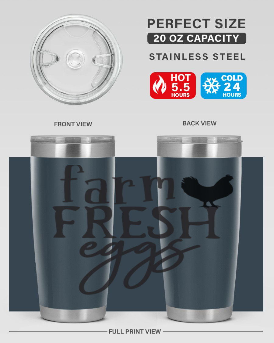 Farm Fresh Eggs 102# Tumbler in stainless steel with a drink-thru lid, showcasing its sleek design and double wall vacuum insulation.