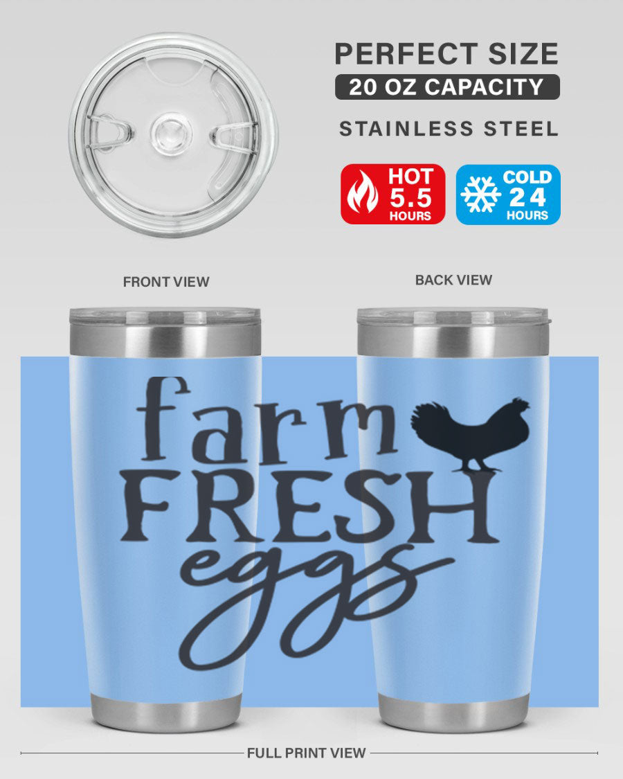 Farm Fresh Eggs 102# Tumbler in stainless steel with a drink-thru lid, showcasing its sleek design and double wall vacuum insulation.