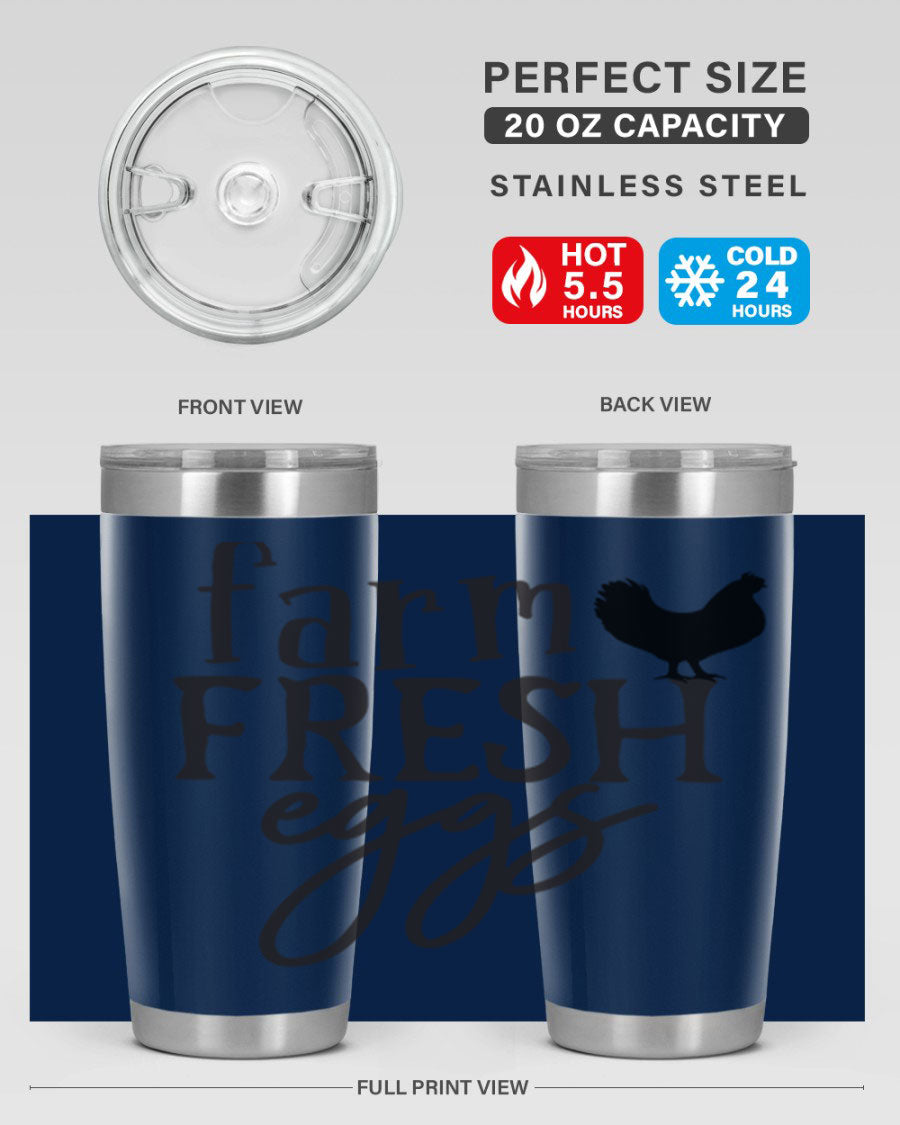 Farm Fresh Eggs 102# Tumbler in stainless steel with a drink-thru lid, showcasing its sleek design and double wall vacuum insulation.