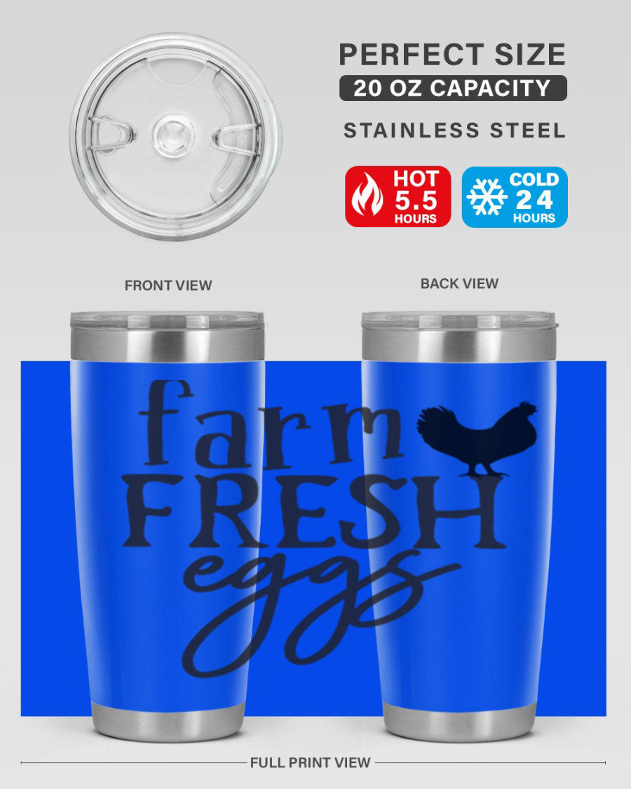 Farm Fresh Eggs 102# Tumbler in stainless steel with a drink-thru lid, showcasing its sleek design and double wall vacuum insulation.
