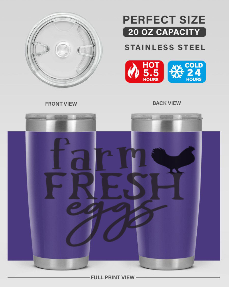 Farm Fresh Eggs 102# Tumbler in stainless steel with a drink-thru lid, showcasing its sleek design and double wall vacuum insulation.