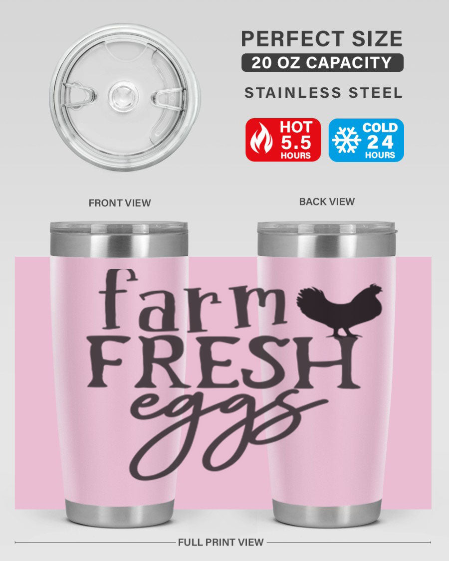 Farm Fresh Eggs 102# Tumbler in stainless steel with a drink-thru lid, showcasing its sleek design and double wall vacuum insulation.
