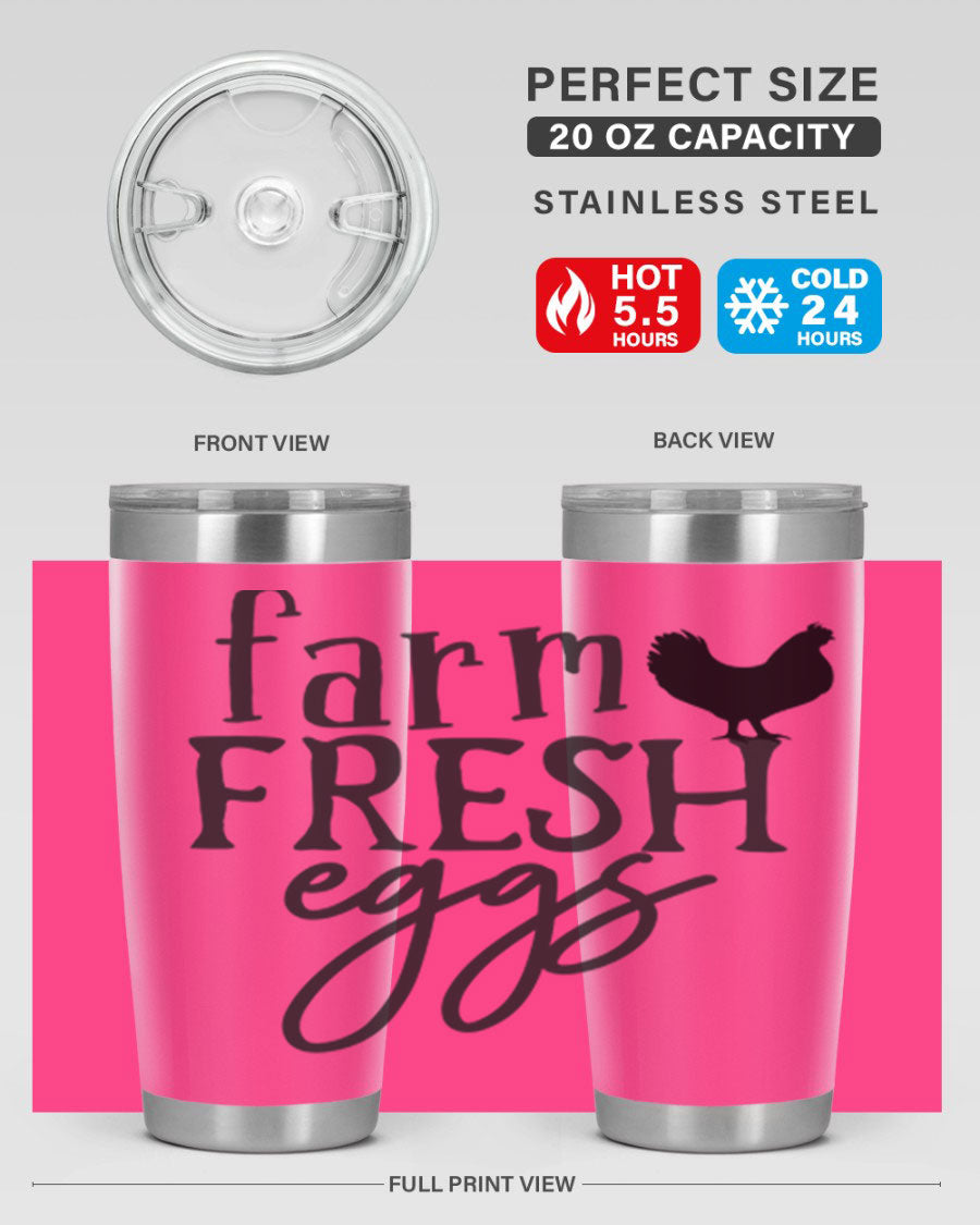 Farm Fresh Eggs 102# Tumbler in stainless steel with a drink-thru lid, showcasing its sleek design and double wall vacuum insulation.