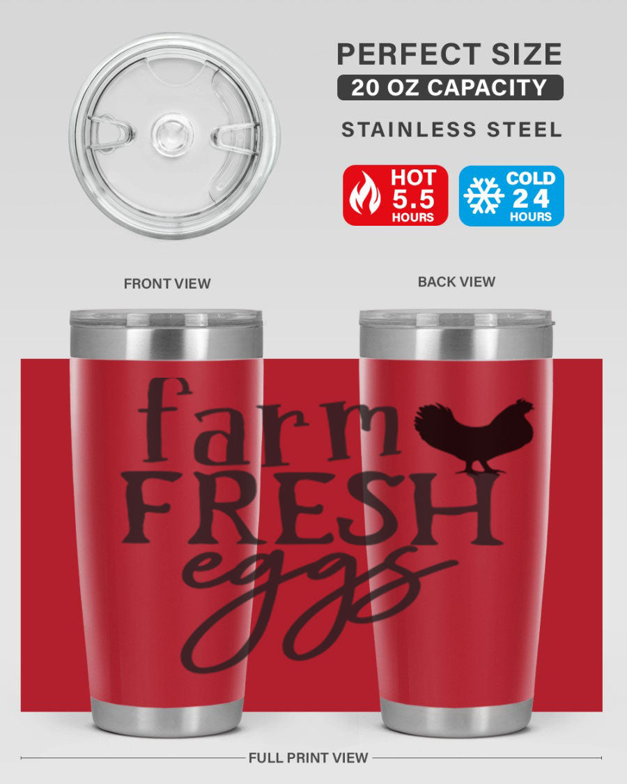 Farm Fresh Eggs 102# Tumbler in stainless steel with a drink-thru lid, showcasing its sleek design and double wall vacuum insulation.
