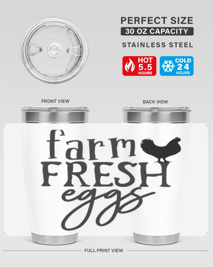 Farm Fresh Eggs 102# Tumbler in stainless steel with a drink-thru lid, showcasing its sleek design and double wall vacuum insulation.