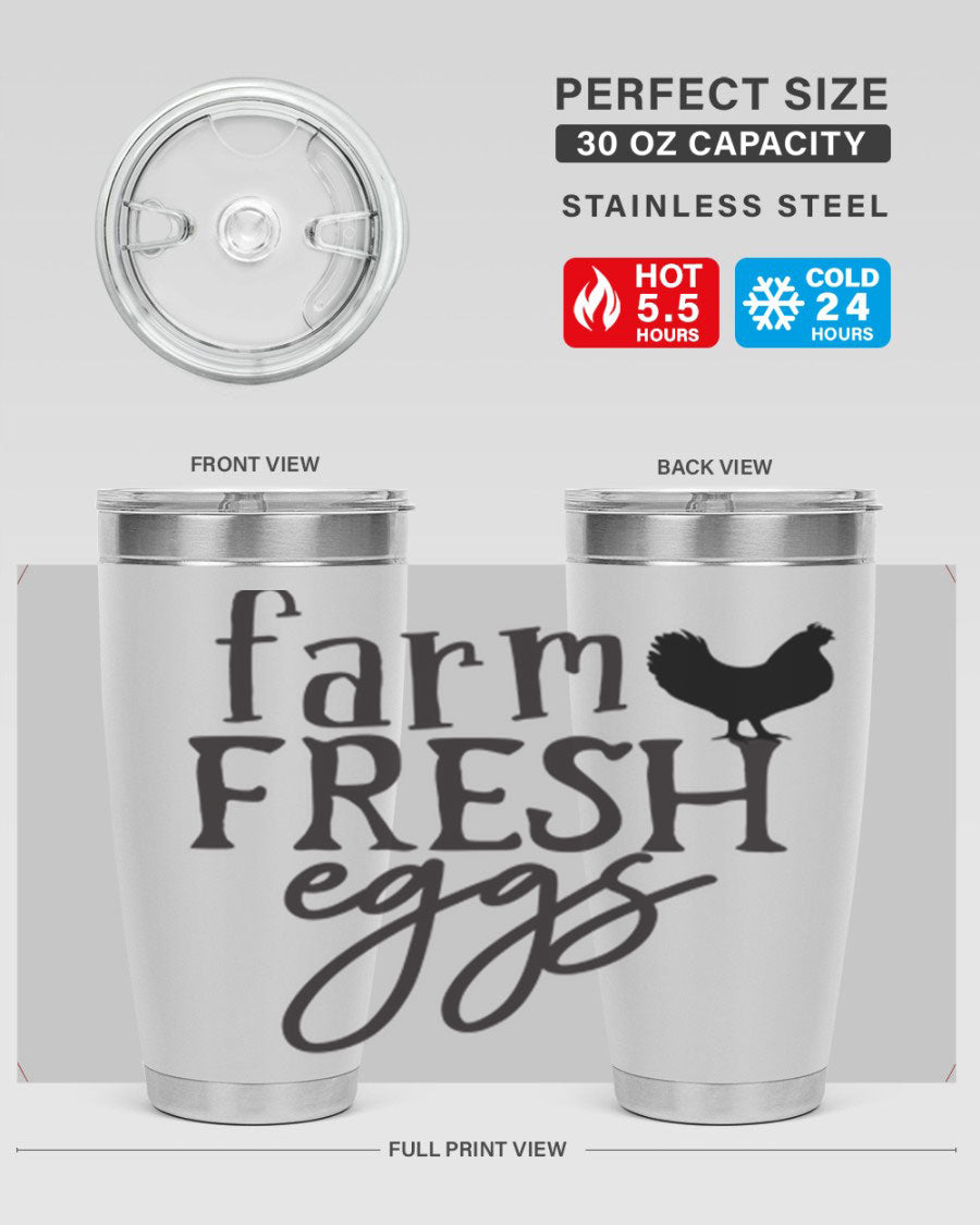 Farm Fresh Eggs 102# Tumbler in stainless steel with a drink-thru lid, showcasing its sleek design and double wall vacuum insulation.