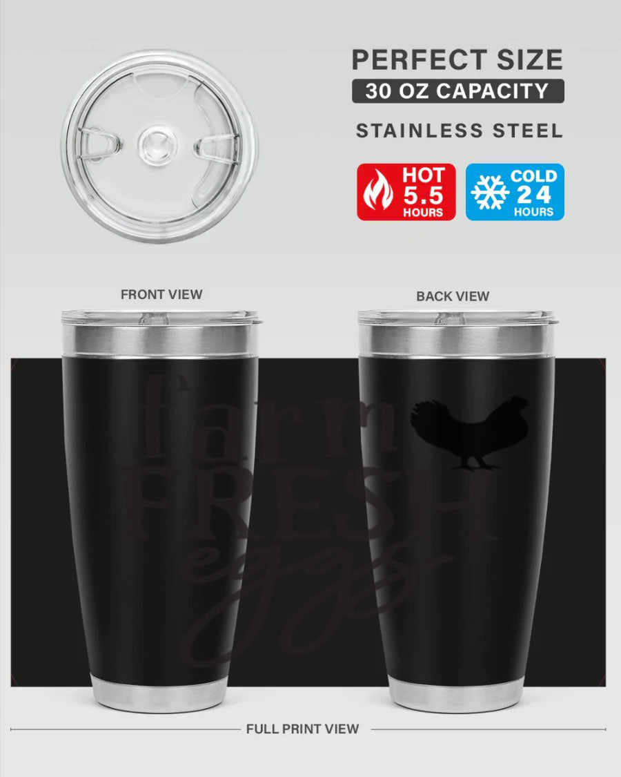 Farm Fresh Eggs 102# Tumbler in stainless steel with a drink-thru lid, showcasing its sleek design and double wall vacuum insulation.