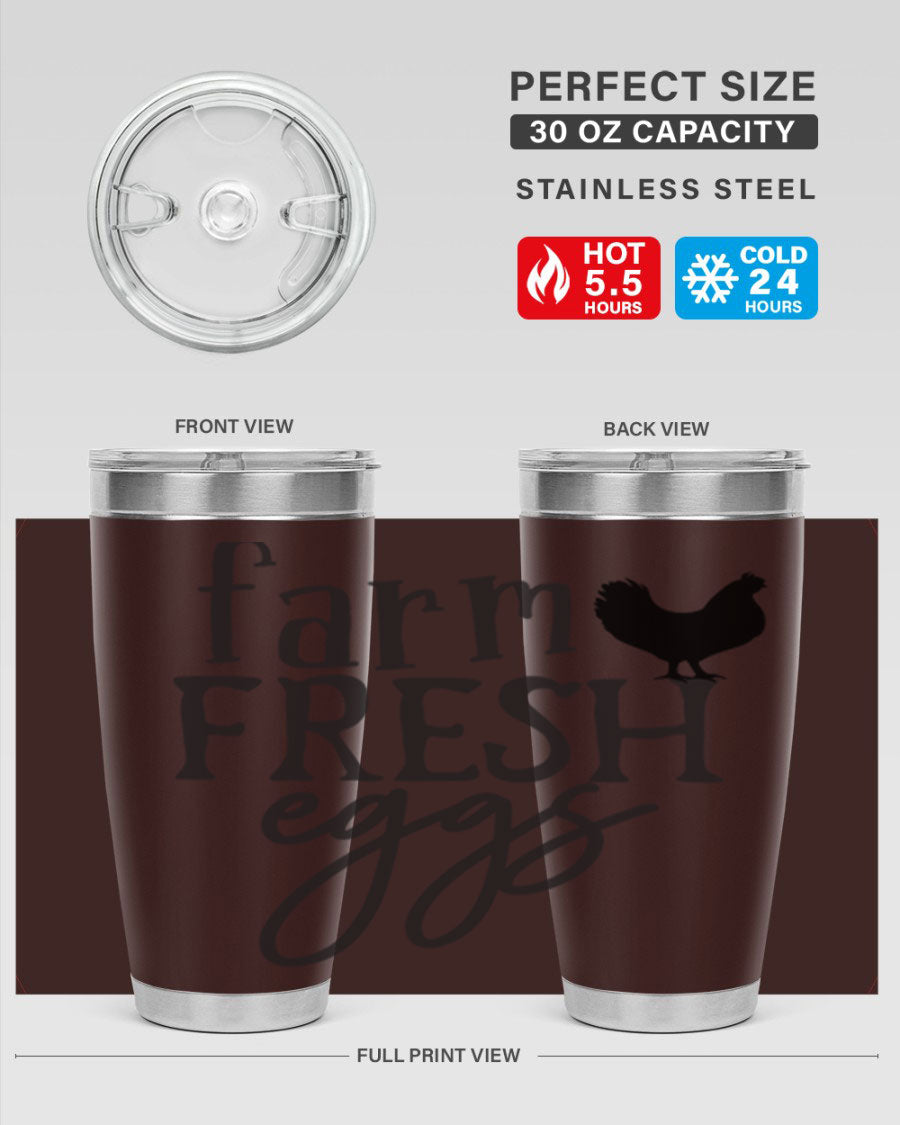 Farm Fresh Eggs 102# Tumbler in stainless steel with a drink-thru lid, showcasing its sleek design and double wall vacuum insulation.