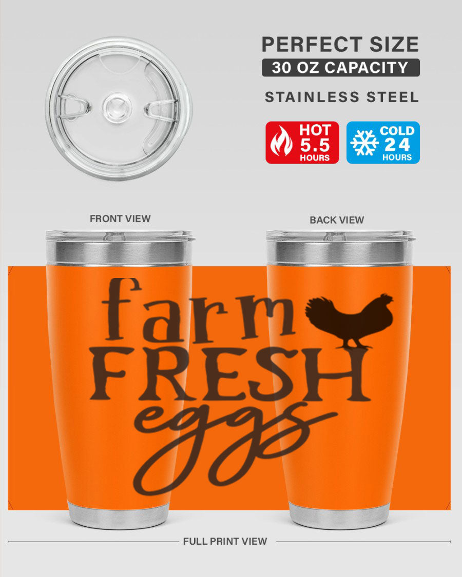 Farm Fresh Eggs 102# Tumbler in stainless steel with a drink-thru lid, showcasing its sleek design and double wall vacuum insulation.