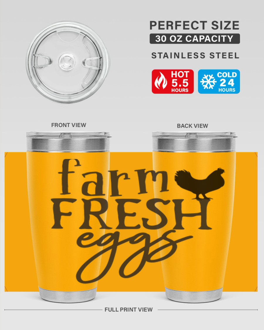 Farm Fresh Eggs 102# Tumbler in stainless steel with a drink-thru lid, showcasing its sleek design and double wall vacuum insulation.