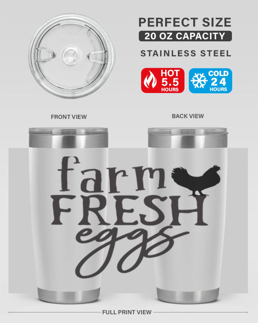 Farm Fresh Eggs 102# Tumbler in stainless steel with a drink-thru lid, showcasing its sleek design and double wall vacuum insulation.