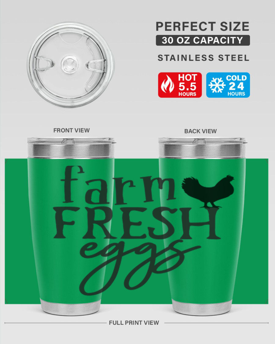 Farm Fresh Eggs 102# Tumbler in stainless steel with a drink-thru lid, showcasing its sleek design and double wall vacuum insulation.