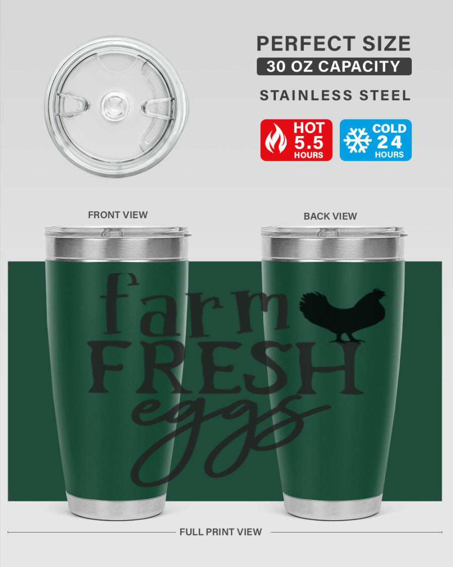 Farm Fresh Eggs 102# Tumbler in stainless steel with a drink-thru lid, showcasing its sleek design and double wall vacuum insulation.