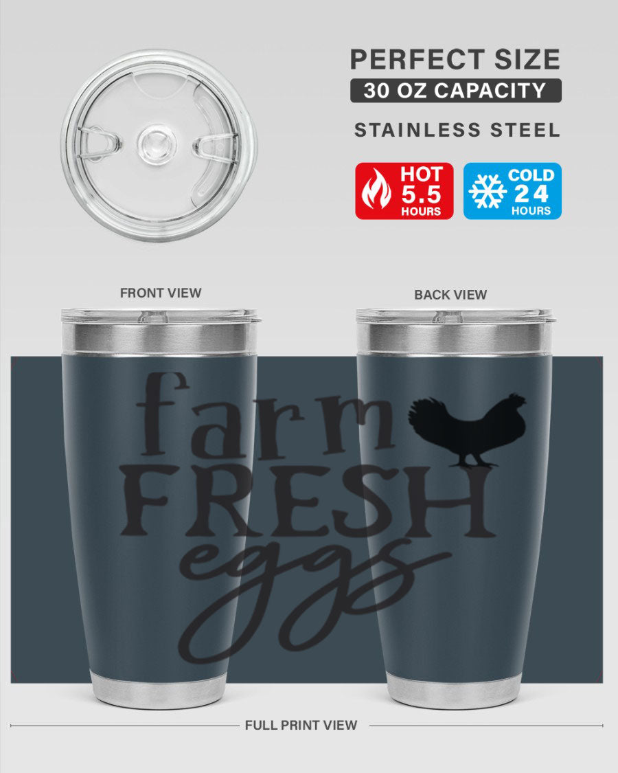 Farm Fresh Eggs 102# Tumbler in stainless steel with a drink-thru lid, showcasing its sleek design and double wall vacuum insulation.