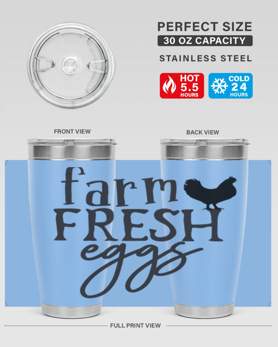 Farm Fresh Eggs 102# Tumbler in stainless steel with a drink-thru lid, showcasing its sleek design and double wall vacuum insulation.