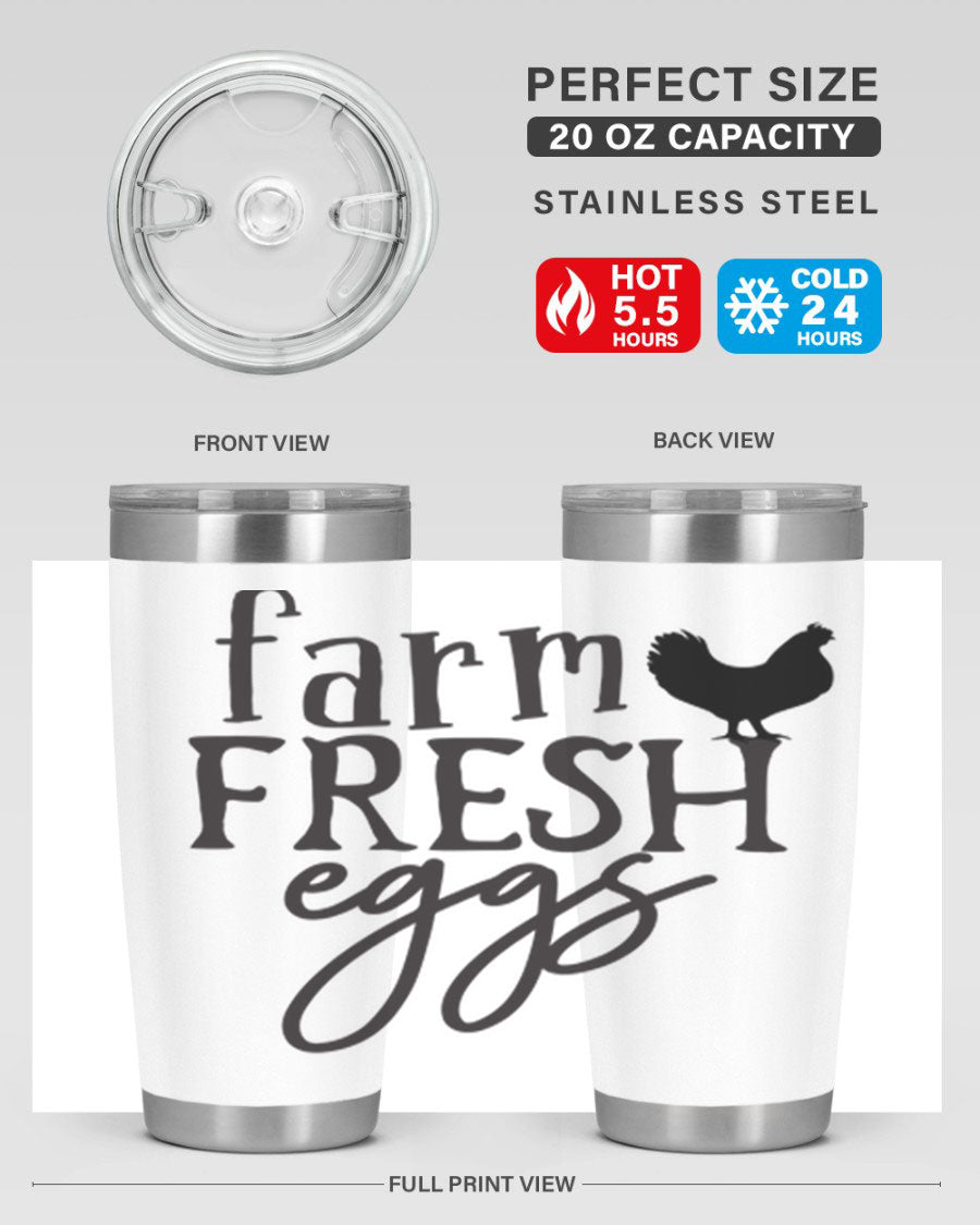 Farm Fresh Eggs 102# Tumbler in stainless steel with a drink-thru lid, showcasing its sleek design and double wall vacuum insulation.