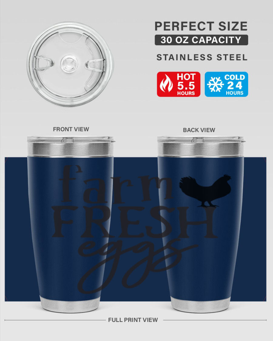 Farm Fresh Eggs 102# Tumbler in stainless steel with a drink-thru lid, showcasing its sleek design and double wall vacuum insulation.