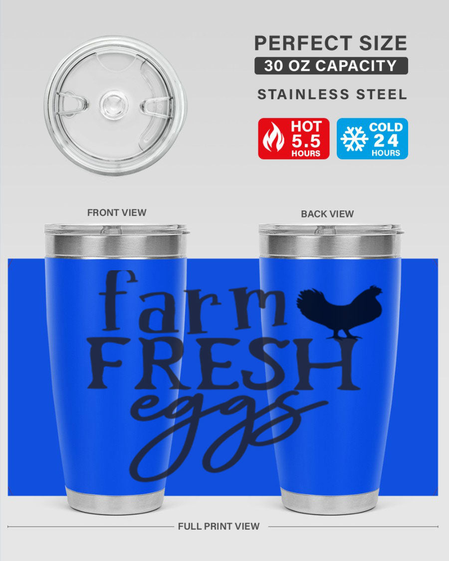 Farm Fresh Eggs 102# Tumbler in stainless steel with a drink-thru lid, showcasing its sleek design and double wall vacuum insulation.