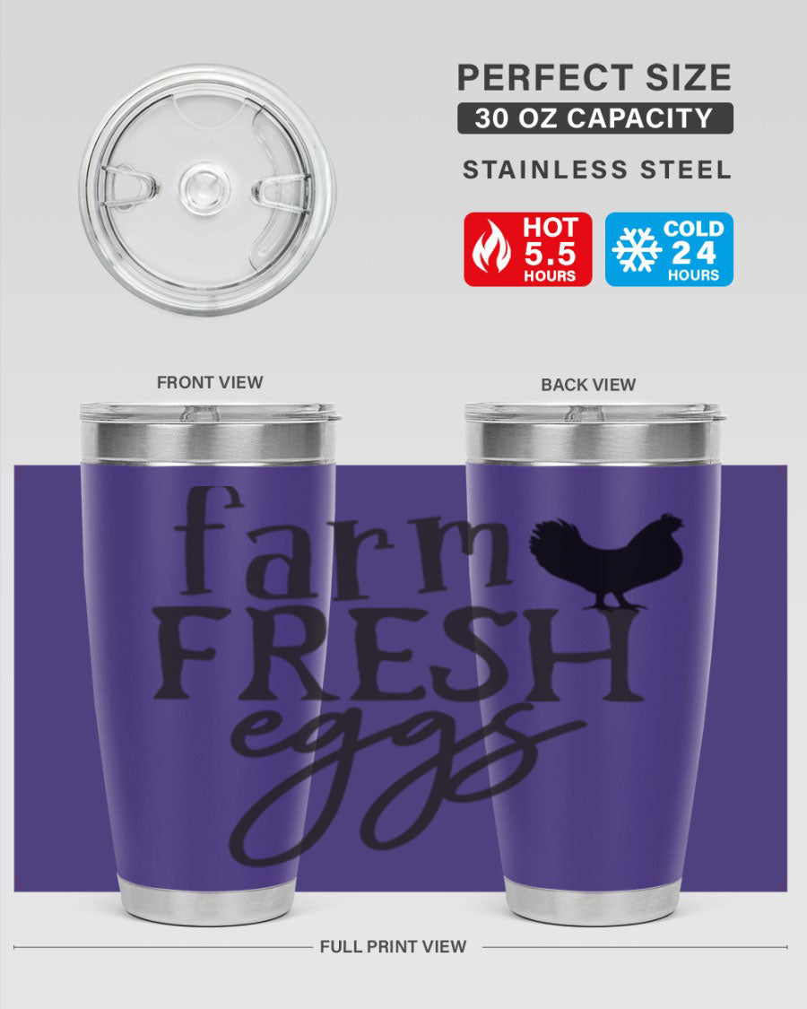 Farm Fresh Eggs 102# Tumbler in stainless steel with a drink-thru lid, showcasing its sleek design and double wall vacuum insulation.