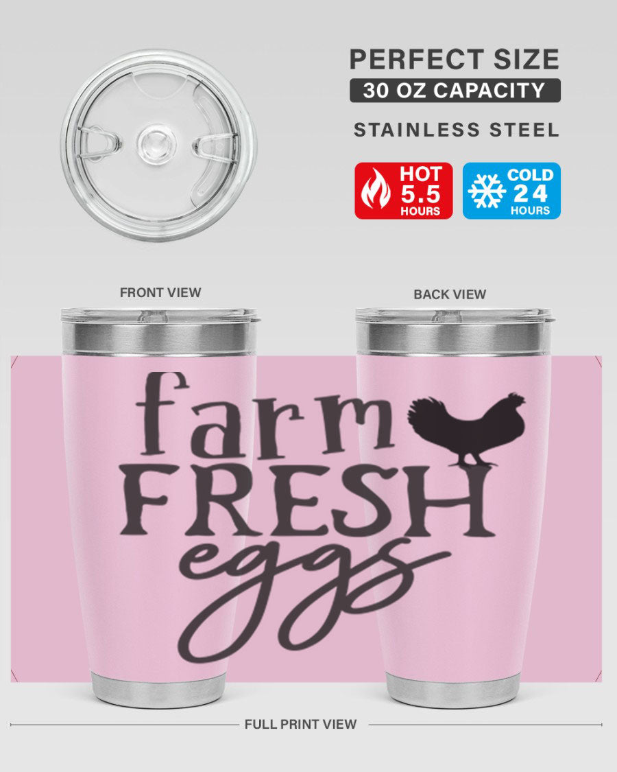 Farm Fresh Eggs 102# Tumbler in stainless steel with a drink-thru lid, showcasing its sleek design and double wall vacuum insulation.