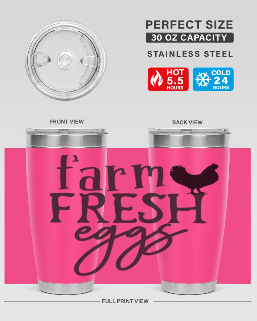 Farm Fresh Eggs 102# Tumbler in stainless steel with a drink-thru lid, showcasing its sleek design and double wall vacuum insulation.