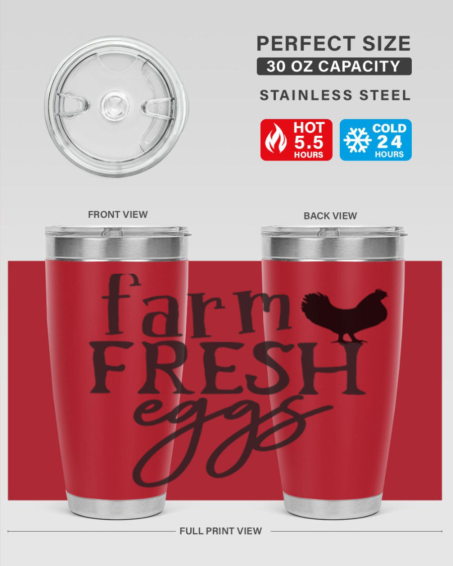 Farm Fresh Eggs 102# Tumbler in stainless steel with a drink-thru lid, showcasing its sleek design and double wall vacuum insulation.