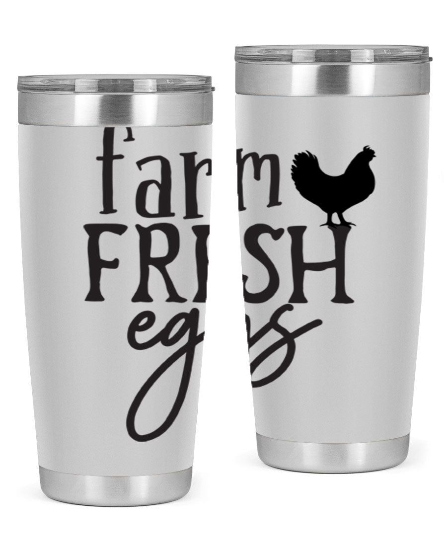 Farm Fresh Eggs 102# Tumbler in stainless steel with a drink-thru lid, showcasing its sleek design and double wall vacuum insulation.