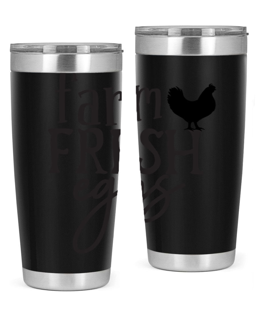 Farm Fresh Eggs 102# Tumbler in stainless steel with a drink-thru lid, showcasing its sleek design and double wall vacuum insulation.