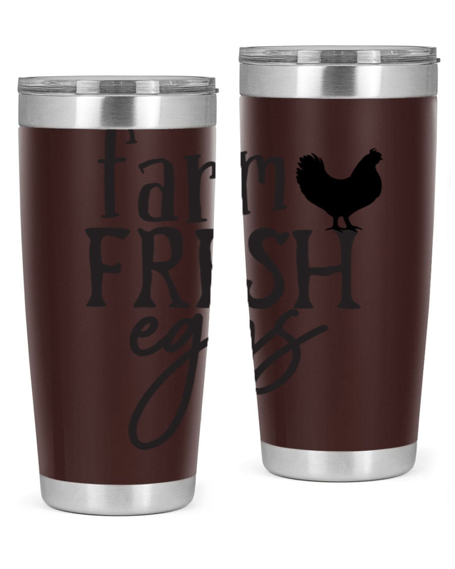Farm Fresh Eggs 102# Tumbler in stainless steel with a drink-thru lid, showcasing its sleek design and double wall vacuum insulation.