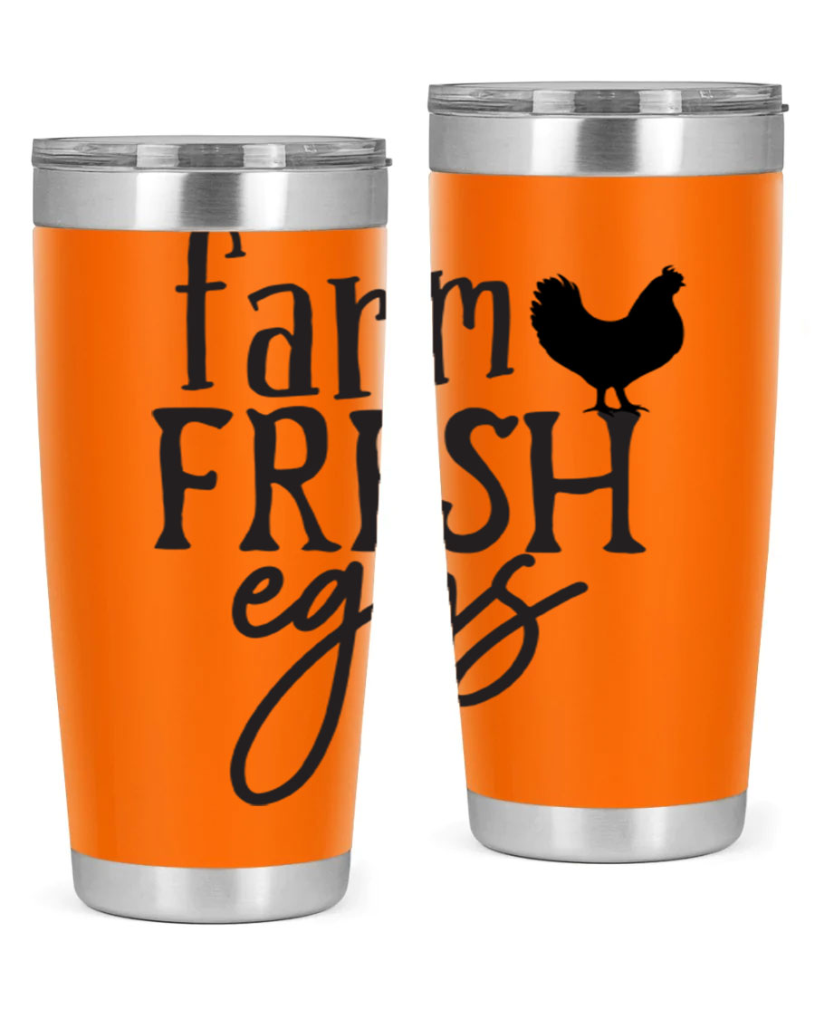 Farm Fresh Eggs 102# Tumbler in stainless steel with a drink-thru lid, showcasing its sleek design and double wall vacuum insulation.