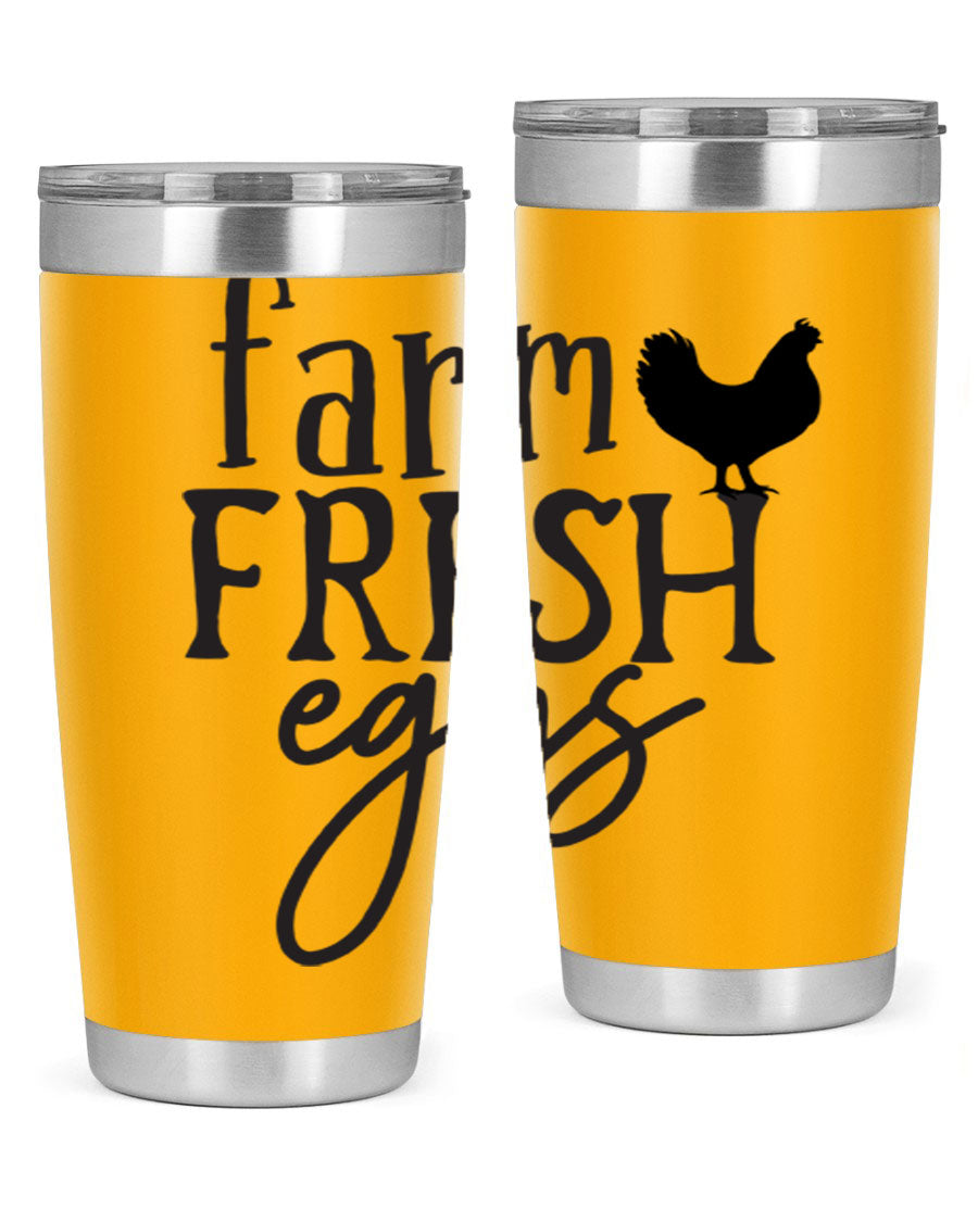 Farm Fresh Eggs 102# Tumbler in stainless steel with a drink-thru lid, showcasing its sleek design and double wall vacuum insulation.