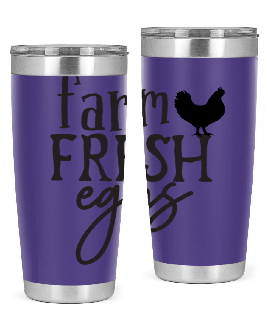 Farm Fresh Eggs 102# Tumbler in stainless steel with a drink-thru lid, showcasing its sleek design and double wall vacuum insulation.