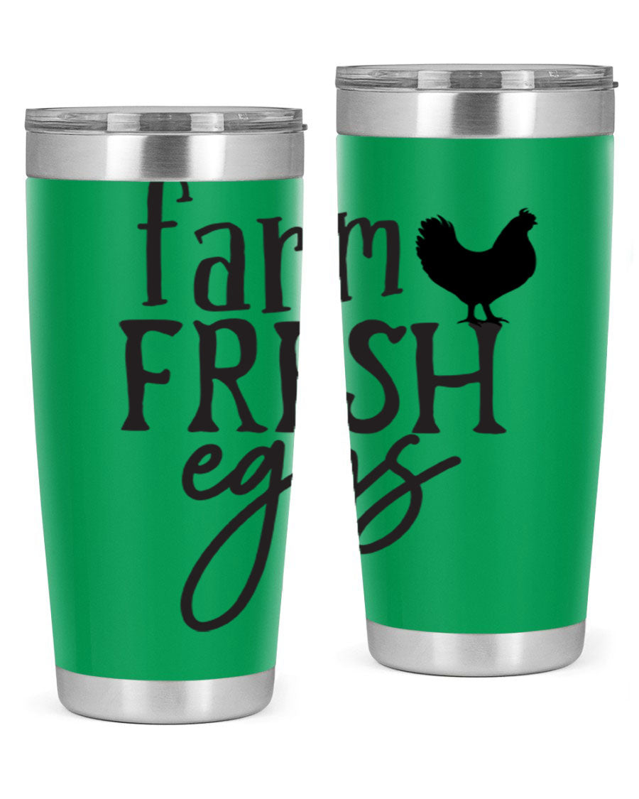 Farm Fresh Eggs 102# Tumbler in stainless steel with a drink-thru lid, showcasing its sleek design and double wall vacuum insulation.