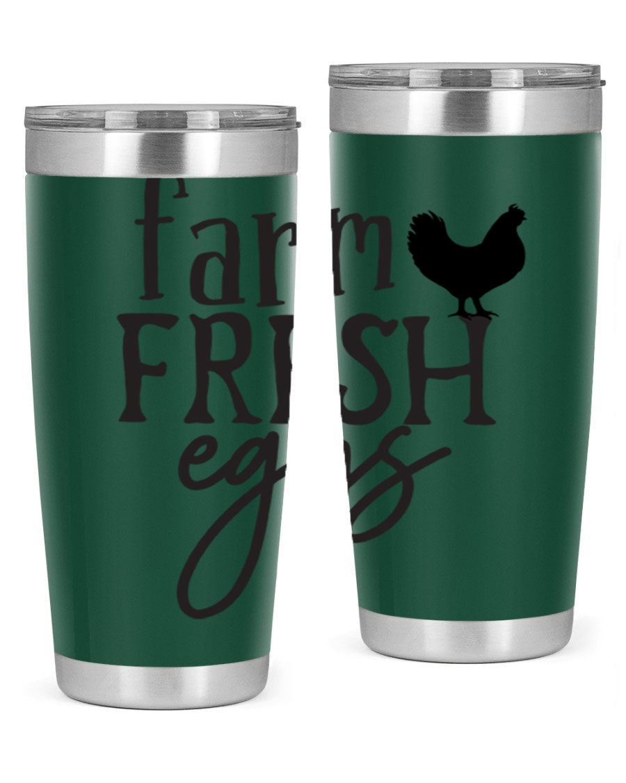 Farm Fresh Eggs 102# Tumbler in stainless steel with a drink-thru lid, showcasing its sleek design and double wall vacuum insulation.